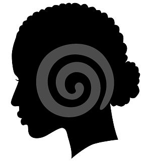 African American female, African profile picture, silhouette. girl from the side with long hair tied together, Afro American hair