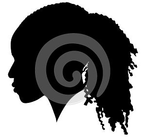 African American female, African profile picture, silhouette. girl from the side with long hair tied together, Afro American hair