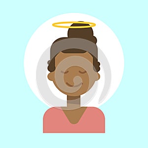 African American Female With Angel Nimbus Emotion Profile Icon, Woman Cartoon Portrait Happy Smiling Face