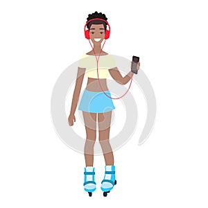 African american female college student listen music in headphones. Happy young girl roller-skating and listening to audio.