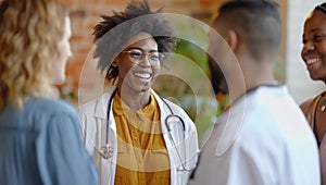 African American female doctor discussing with diverse medical team