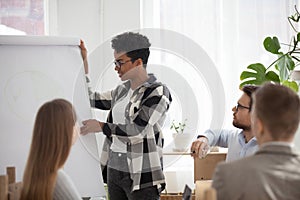 African American female give flipchart presentation for office w