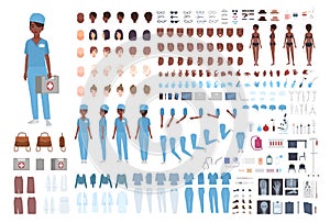 African American female paramedic or nurse constructor. Set of woman`s body details, gestures, scrubs isolated on white