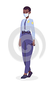 African American Female Police Officer in medical mask vector illustration