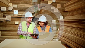 African American Female worker and colleague inspect paper storage warehouse.