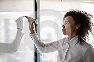 African American female write on board developing business plan