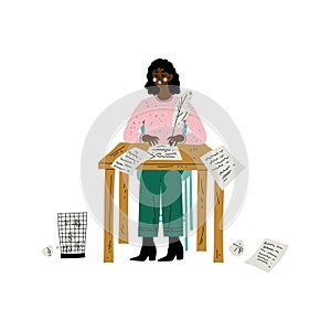 African American Female Writer or Poetess Character Sitting at Desk and Writing with Feather Pen Vector Illustration