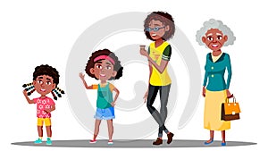 African American Generation Female Set Vector. Grandmother, Mother, Daughter, Granddaughter, Baby. Vector. Isolated