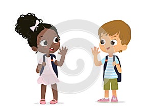 African American Girl with the backpack saying goodbye to Caucasian Boy. Happy african schoolmates greeting isolated on