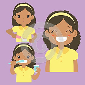 African American Girl Brushing Teeth Activity Vector Collection