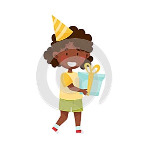 African American Girl Character in Birthday Hat Carrying Gift Box for Party Vector Illustration