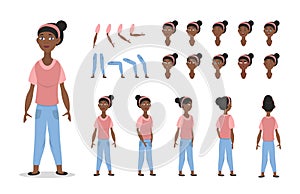 African American girl character constructor for animation with various views, poses, gestures, hairstyles and emotions.