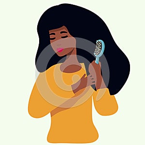 African American girl combing her long hair. flat Concept of Beauty, Hair care , hair health. Woman hairstyle by comb.