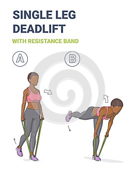 African American Girl Doing Single Leg Deadlift Home Workout Exercise with Resistance Band Guidance.