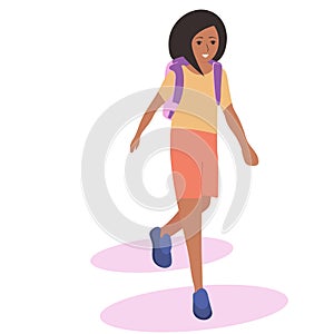 African American girl goes to school. Backpack with books. Great mood. Vector, flat, white background