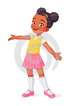 African American girl greeting with wide open arms. Cartoon vector illustration.