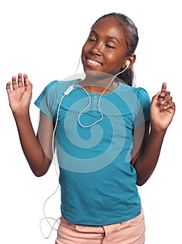 African American girl listening to music via plugs