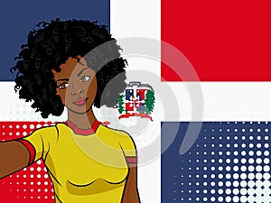 african american girl makes selfie in front of national flag Dominican Republic in pop art style illustration. Element of sport fa