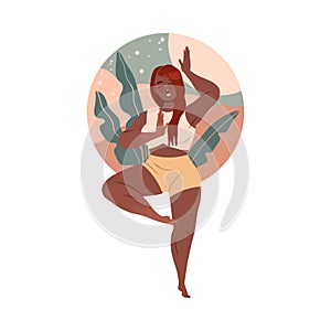 African American girl meditating in Tree pose in nature. Young woman practicing yoga and breathing exercise cartoon