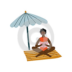 African American Girl Sitting Under Sunshade Parasol, Beautiful Woman Relaxing at Beach on Summer Vacations Vector