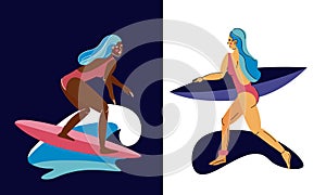 African american girl surfing on wave. Woman running with a surfboard