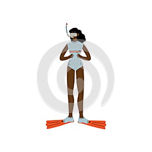 African American Girl in Swimsuit with Scuba and Flippers, Beautiful Woman Relaxing at Beach on Summer Vacations Vector