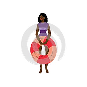 African American Girl in Swimsuit Standing with Lifebuoy, Beautiful Woman Relaxing on Beach on Summer Vacation Vector