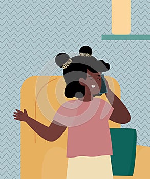 African american girl talks mobile phone at home, cartoon vector illustration.