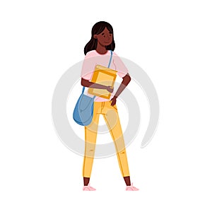 African American Girl Teenager in Casual Wear Holding Student Book and Walking Vector Illustration