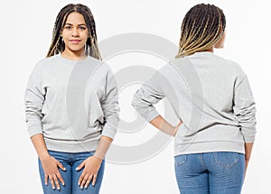 African american girl in template blank sweatshirt isolated on white background. Front and rear pullover view. Copy space. Mock up