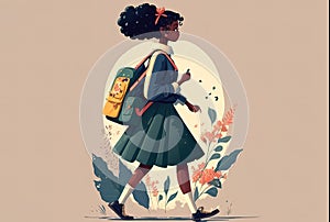 African American girl using uniform and backpack while going to school. Cartoon illustration style