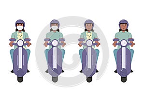 African American girl wearing protective face mask riding a scooter on a white background, front view.