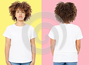 African american girl in white t shirt template on isolated. Blank t shirt design. Front and back view. Mock up and copy space