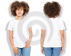 African american girl in white t shirt template and shadow on isolated wall background. Blank t shirt design. Front and back view