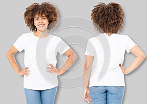 African american girl in white t shirt template and shadow on isolated wall background. Blank t shirt design. Front and back view