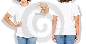 African american girl in white t shirt template and shadow on isolated wall background. Blank t shirt design. Front and back view