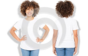 African american girl in white t shirt template and shadow on isolated wall background. Blank t shirt design. Front and back view