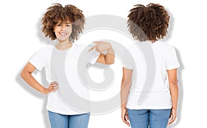 African american girl in white t shirt template and shadow on wall background. Blank t shirt design. Front and back view