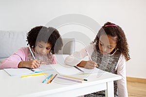 African American Girls Doing Homework Learning Together At Home