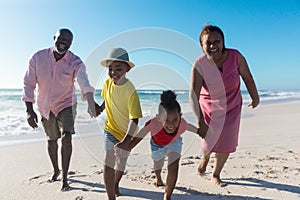 African american grandparents and grandchildren enjoying sunny day together at beach