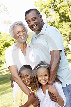 African American Grandparents With Grandchildren Walking In Park