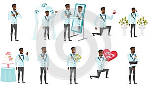 African-american groom vector illustrations set.