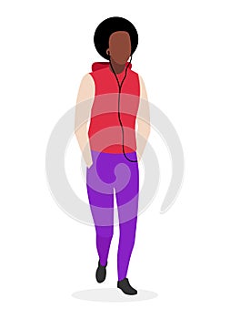 African american guy with curly hairstyle flat illustration. Young dark skinned, black cool man in casual clothes. Brazilian