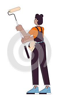 African american handywoman holding paint roller 2D linear cartoon character