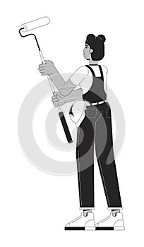 African american handywoman holding paint roller black and white 2D line cartoon character