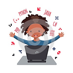 African American happy boy learning coding