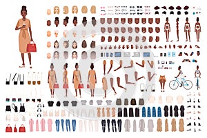 African American hipster girl animation set, generator or DIY kit. Bundle of body parts, trendy casual clothes, postures