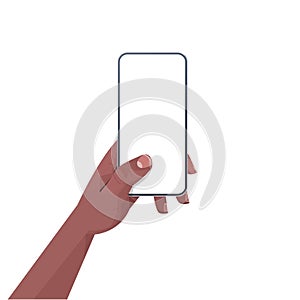 african american human hand holding smartphone with blank touch screen using mobile phone concept