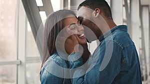 African American Husband Kissing Wife Standing With Suitcase In Airport