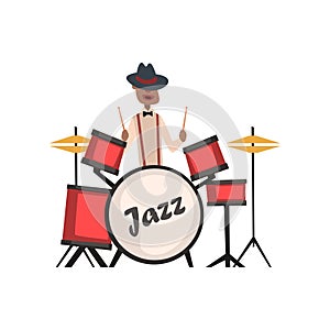 African American jazz musician playing on drums vector Illustration